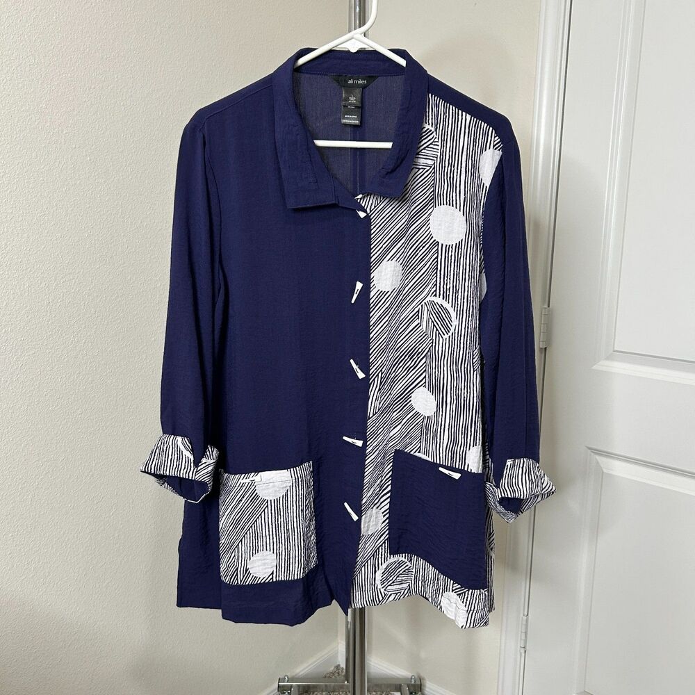 Ali Miles Shirt Large Blue Polka Dot Wire Collar Toggle Button Lagenlook Artsy